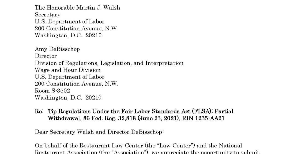 Tip Regulations Under the Fair Labor Standards Act (FLSA); Partial ...